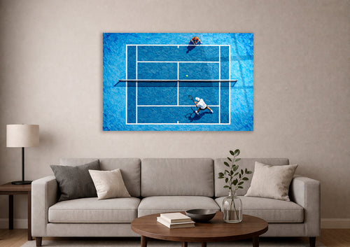 Aerial Tennis Court Impasto Glass Wall Art in a modern interior