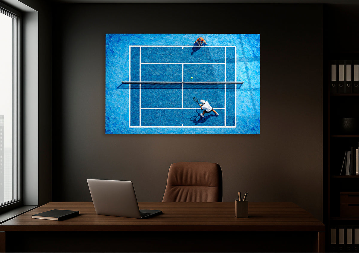 Aerial Tennis Court Impasto Glass Wall Art on the wall
