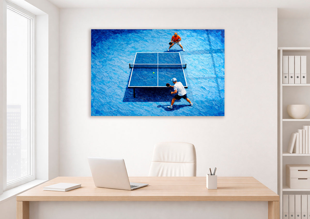 Impasto Table Tennis Match Glass Wall Art in a living room interior