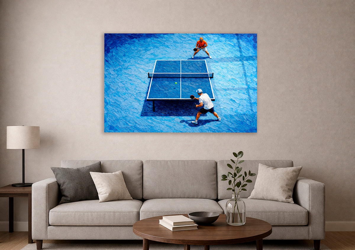 Impasto Table Tennis Match Glass Wall Art in a modern interior