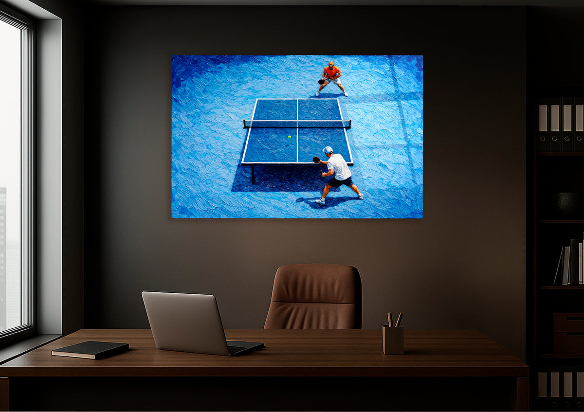 Impasto Table Tennis Match Glass Wall Art on the wall