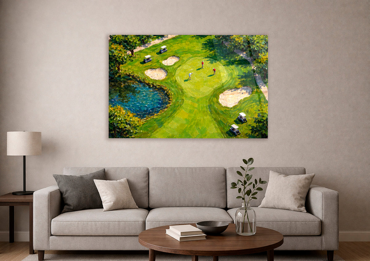 Aerial Golf Course Impasto Glass Wall Art in a living room interior