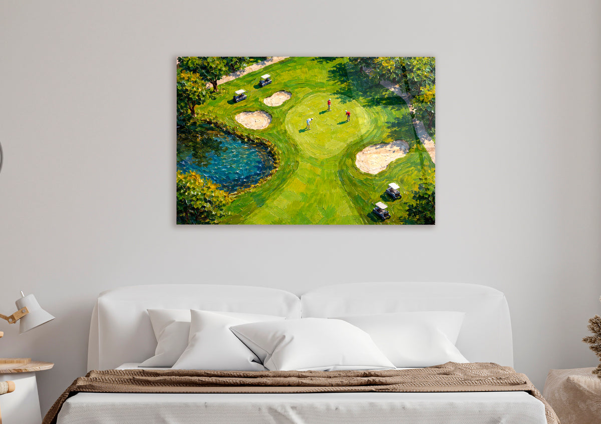 Aerial Golf Course Impasto Glass Wall Art in a modern interior