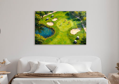 Aerial Golf Course Impasto Glass Wall Art in a modern interior