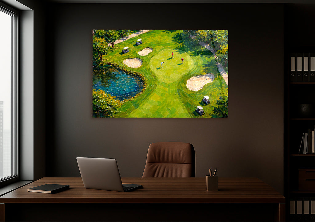 Aerial Golf Course Impasto Glass Wall Art on the wall
