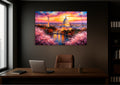 Capitol and Cherry Blossoms Sunset Glass Wall Art in a living room interior