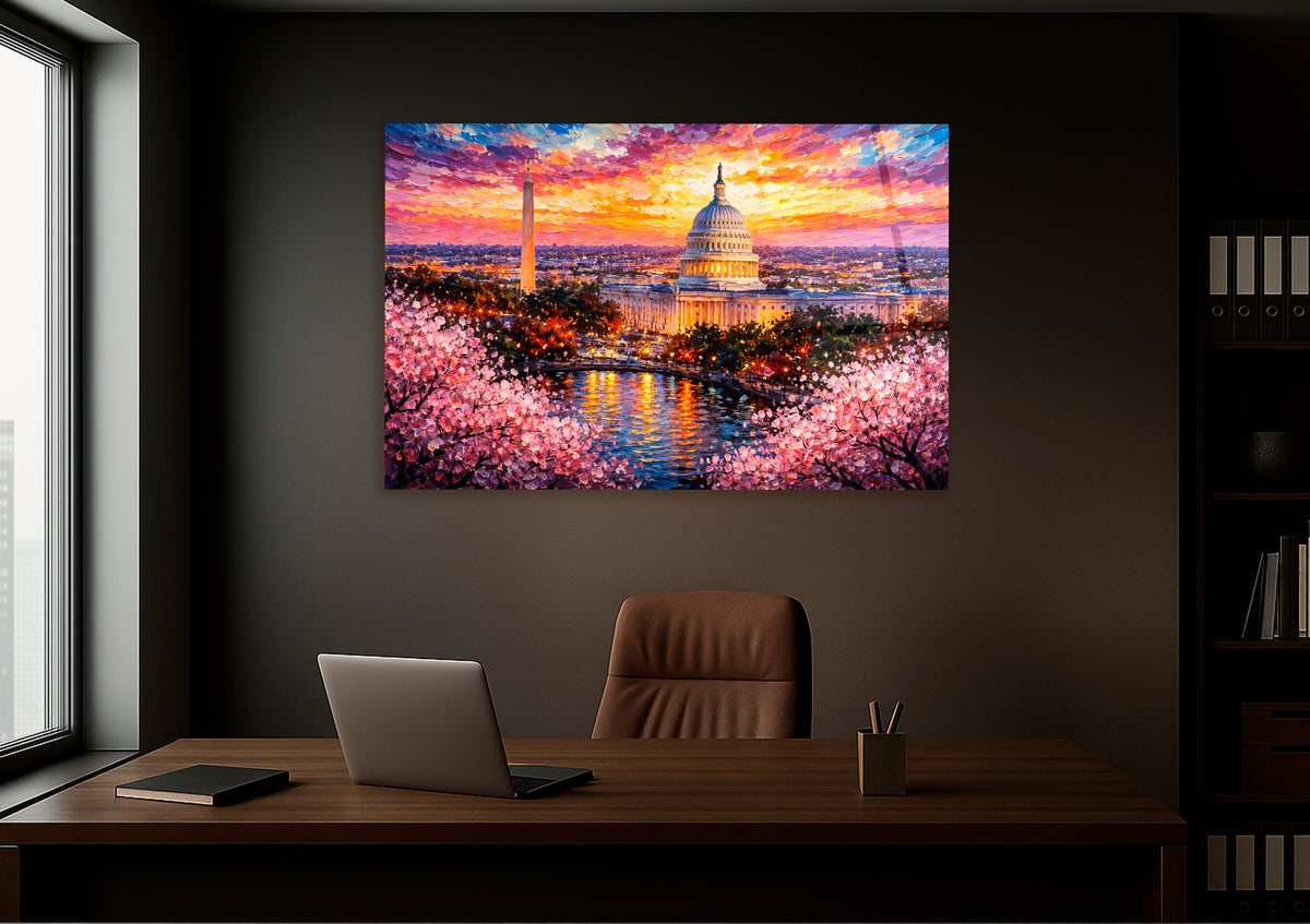 Capitol and Cherry Blossoms Sunset Glass Wall Art in a living room interior
