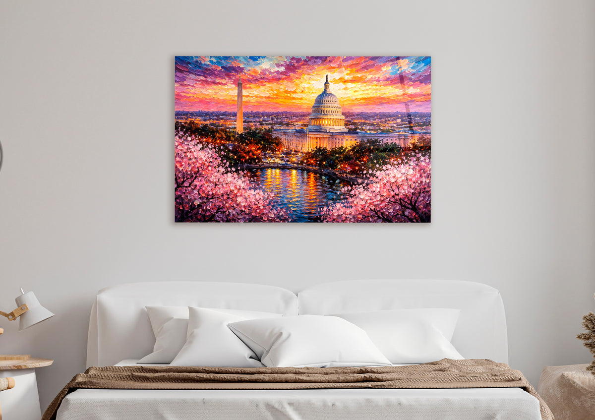 Capitol and Cherry Blossoms Sunset Glass Wall Art in a modern interior