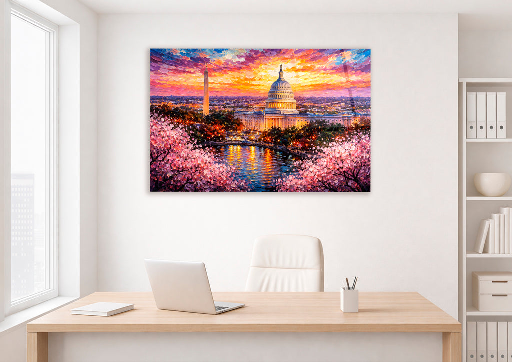 Capitol and Cherry Blossoms Sunset Glass Wall Art on the wall