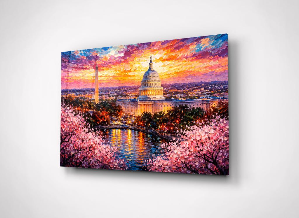 Capitol and Cherry Blossoms Sunset Glass Wall Art close-up