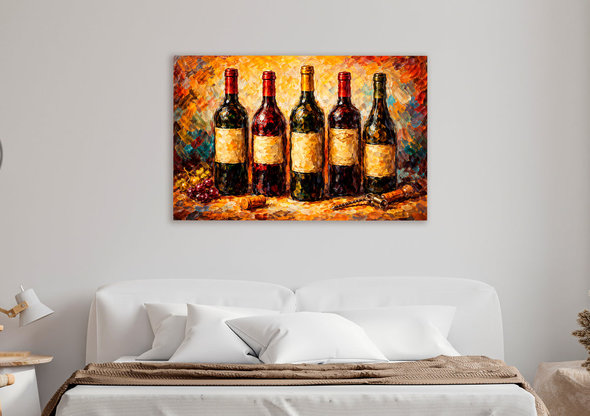 Vintage Wine Bottles Painting Glass Wall Art in a living room interior