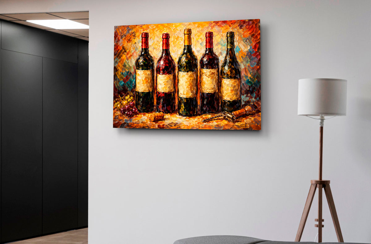 Vintage Wine Bottles Painting Glass Wall Art in a modern interior