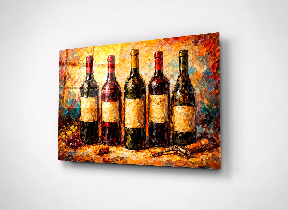 Vintage Wine Bottles Painting Glass Wall Art close-up