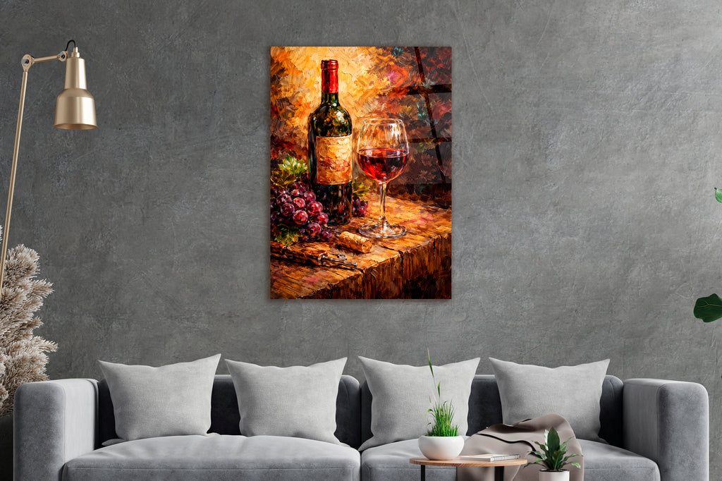 Red Wine and Grapes Still Life Glass Wall Art in a living room interior