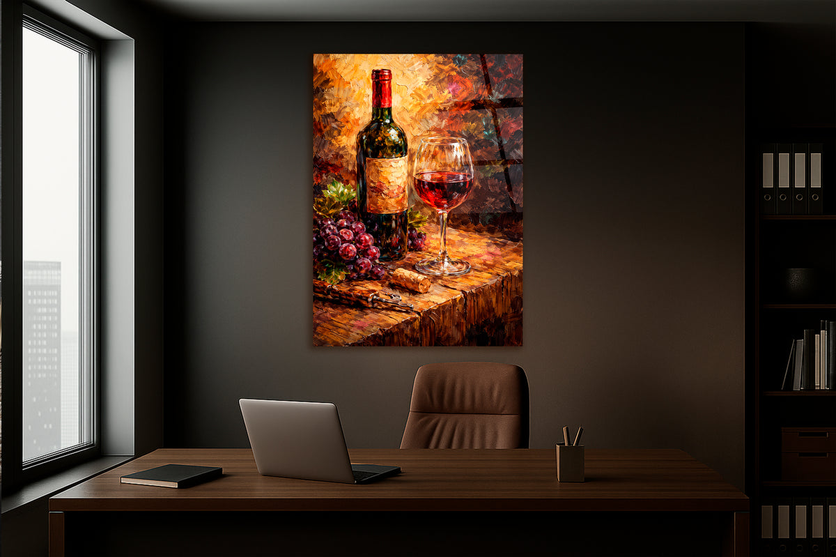 Red Wine and Grapes Still Life Glass Wall Art in a modern interior
