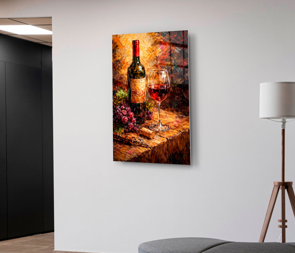 Red Wine and Grapes Still Life Glass Wall Art on the wall