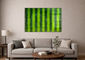 Aerial Soccer Field Glass Wall Art in a living room interior