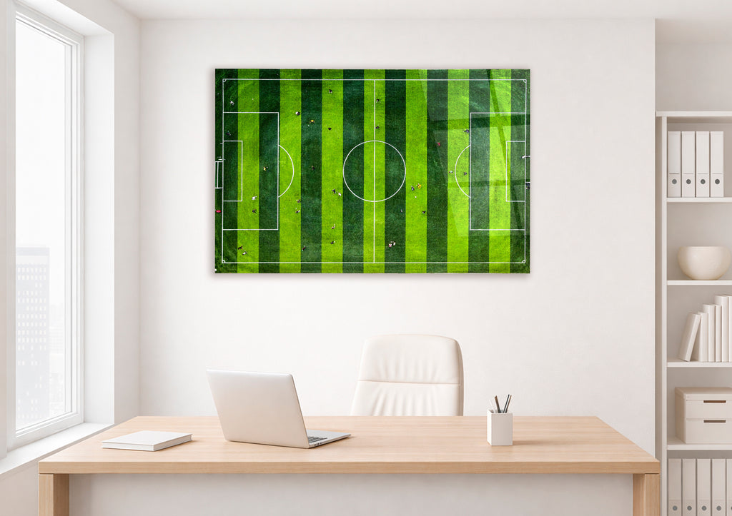 Aerial Soccer Field Glass Wall Art on the wall