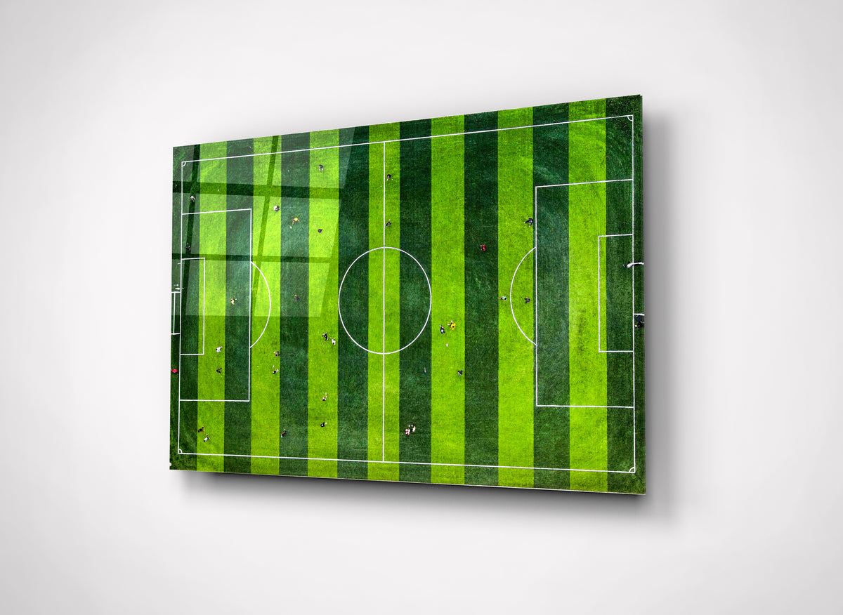 Aerial Soccer Field Glass Wall Art close-up