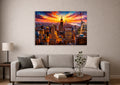 New York Skyline at Sunset Glass Wall Art in a living room interior