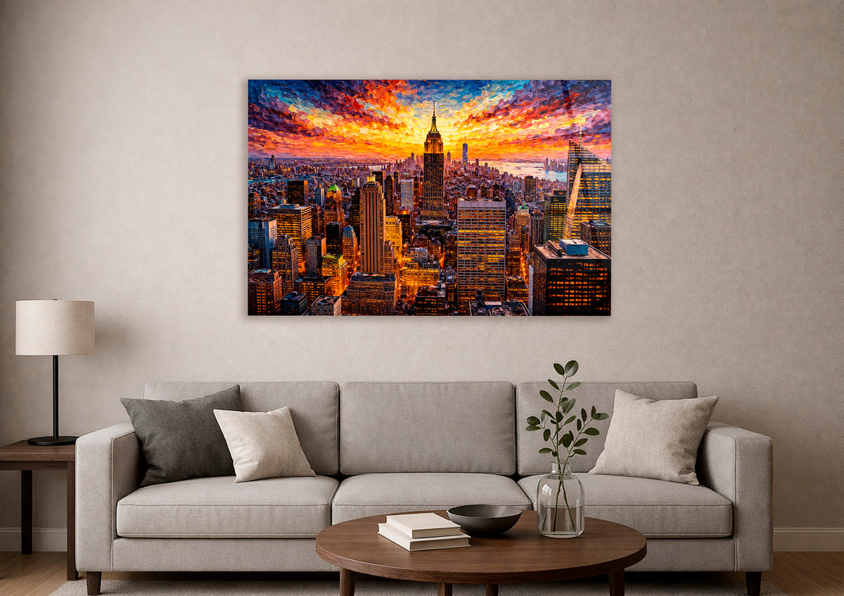 New York Skyline at Sunset Glass Wall Art in a living room interior