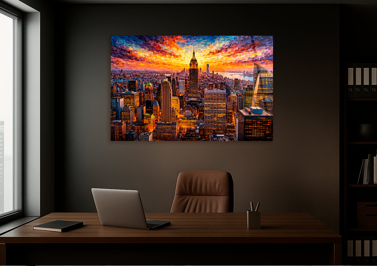 New York Skyline at Sunset Glass Wall Art in a modern interior