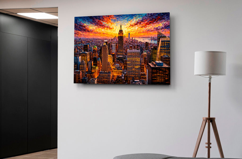 New York Skyline at Sunset Glass Wall Art on the wall