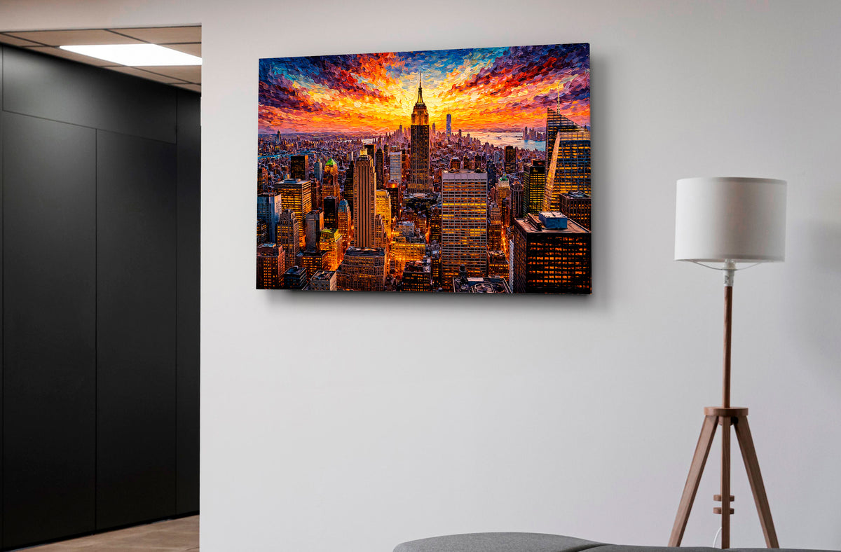 New York Skyline at Sunset Glass Wall Art on the wall