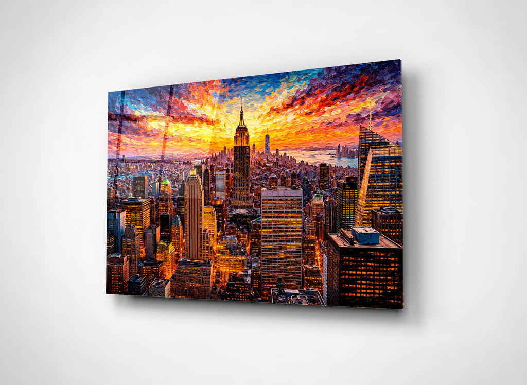 New York Skyline at Sunset Glass Wall Art close-up