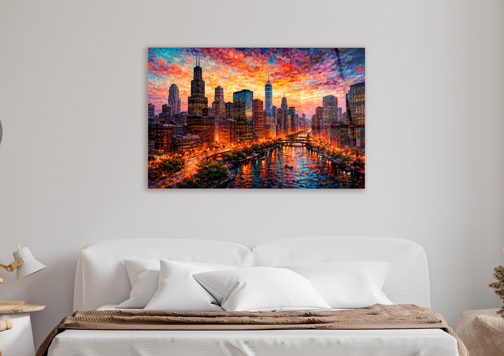 Chicago Skyline at Sunset Glass Wall Art in a living room interior