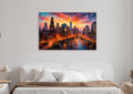Chicago Skyline at Sunset Glass Wall Art in a living room interior