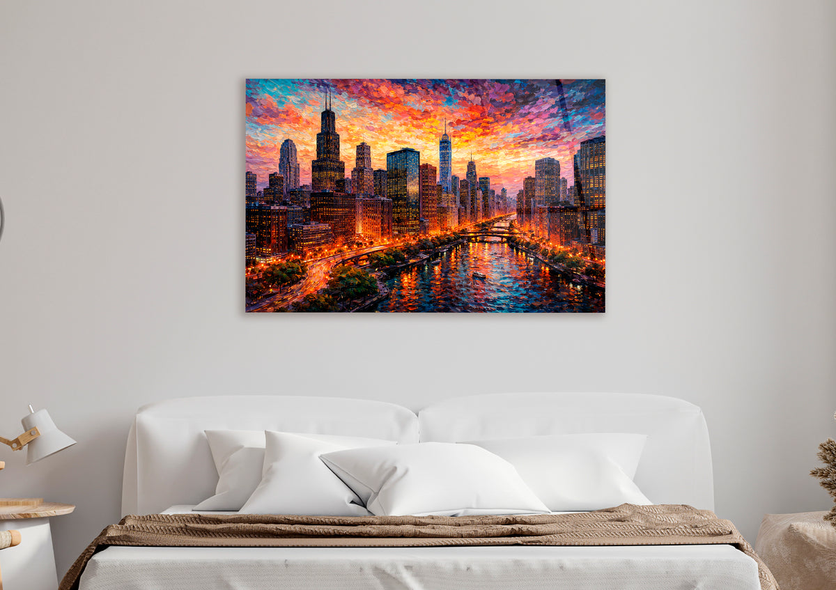 Chicago Skyline at Sunset Glass Wall Art in a living room interior
