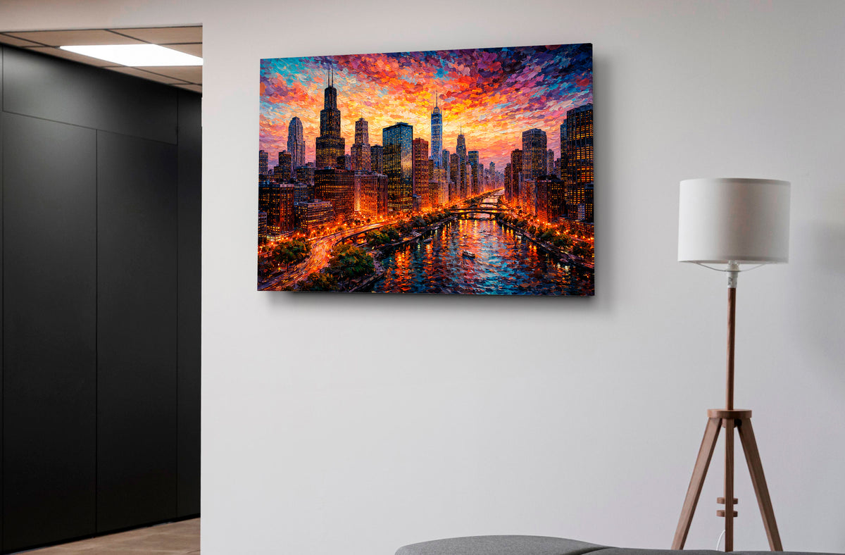 Chicago Skyline at Sunset Glass Wall Art in a modern interior