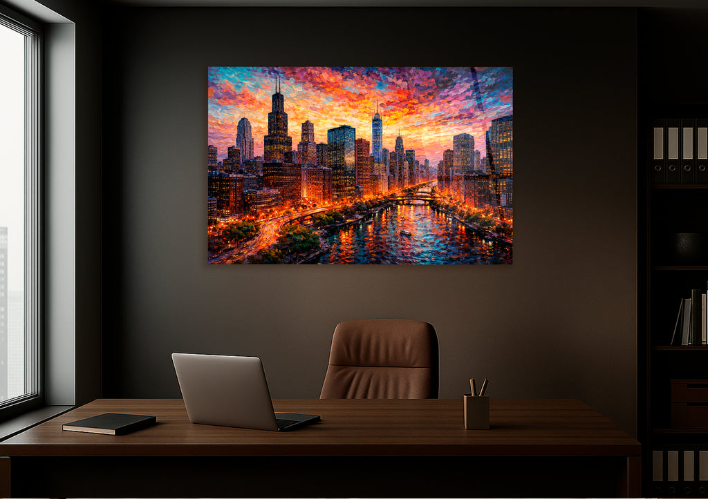 Chicago Skyline at Sunset Glass Wall Art on the wall