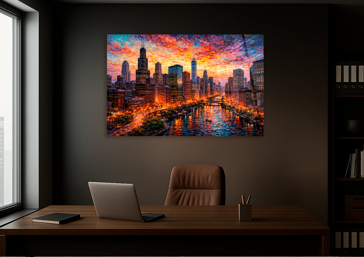 Chicago Skyline at Sunset Glass Wall Art on the wall
