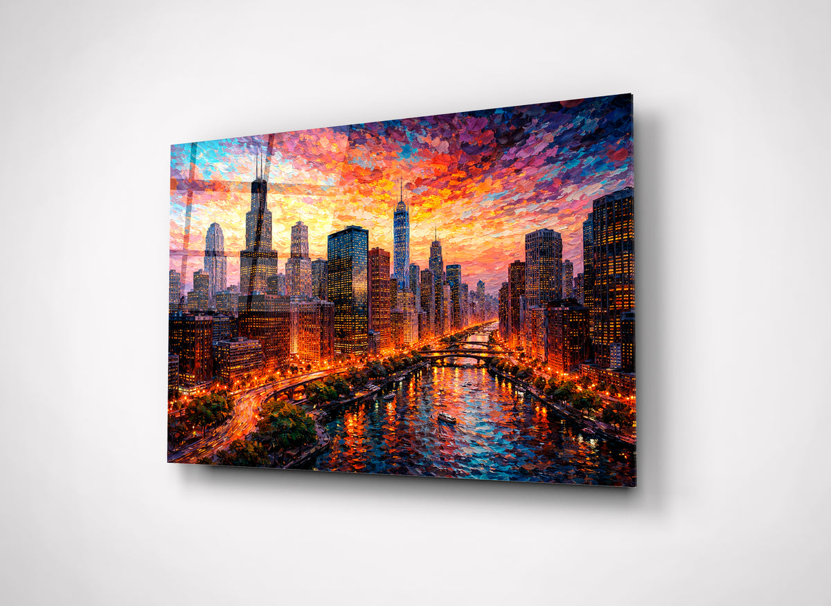 Chicago Skyline at Sunset Glass Wall Art close-up