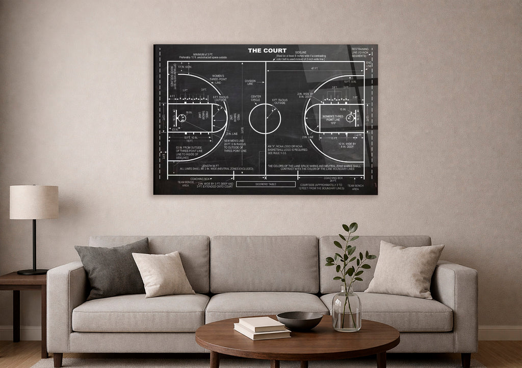 Basketball Court Blueprint Glass Wall Art in a living room interior