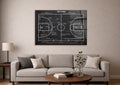 Basketball Court Blueprint Glass Wall Art in a living room interior
