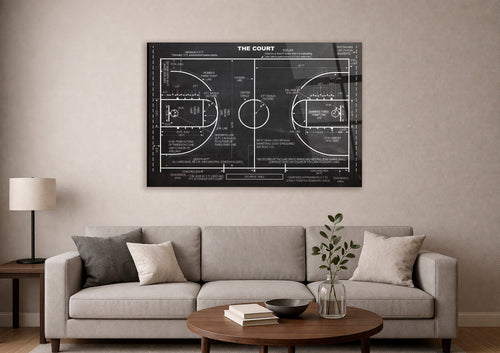 Basketball Court Blueprint Glass Wall Art in a living room interior