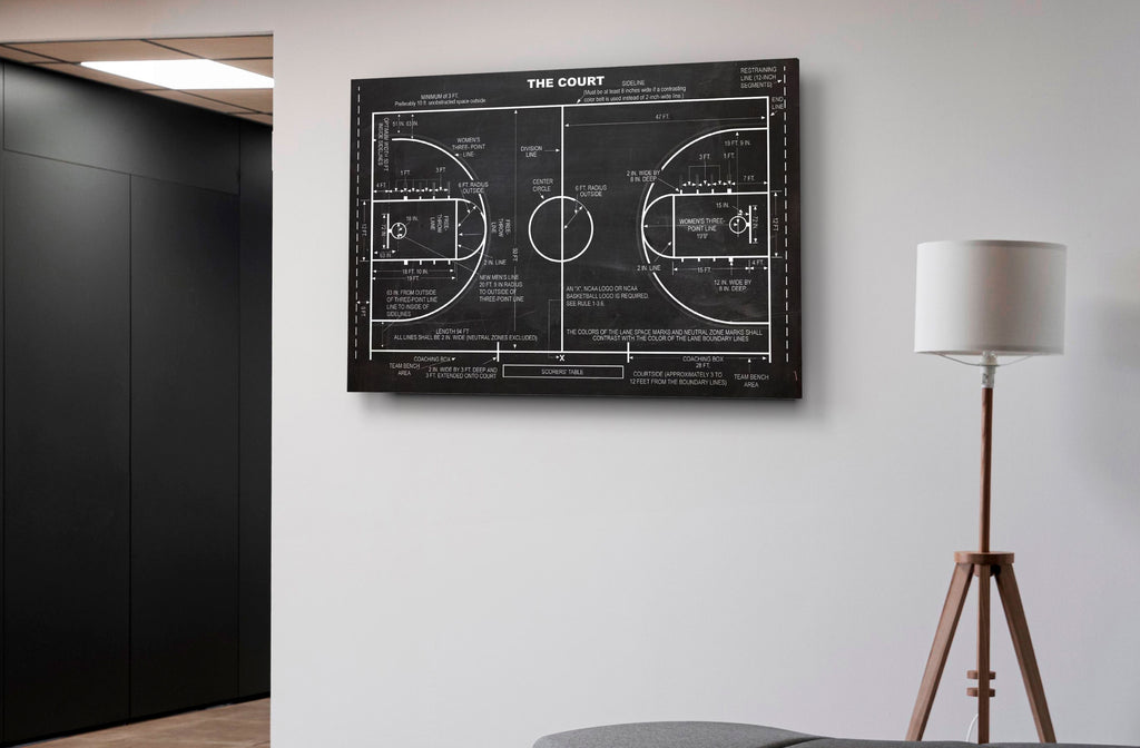 Basketball Court Blueprint Glass Wall Art in a modern interior