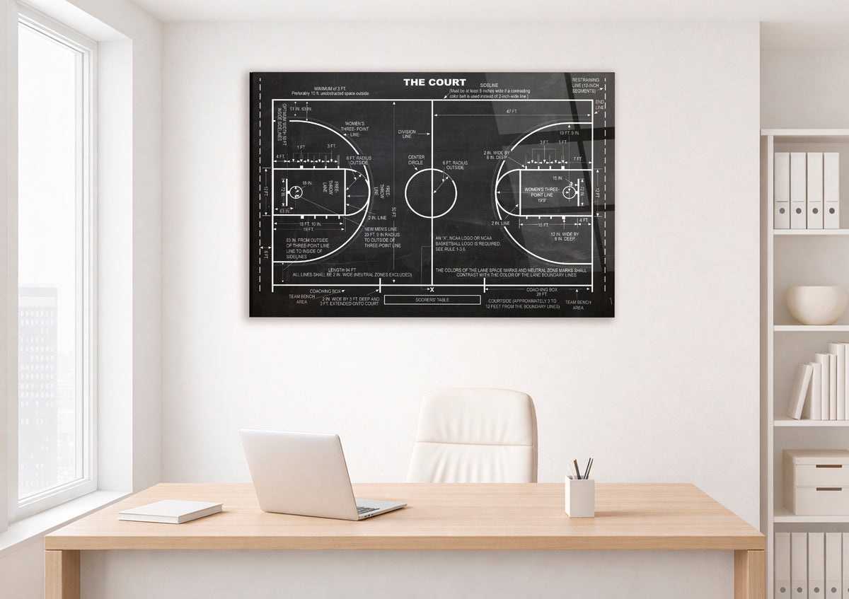 Basketball Court Blueprint Glass Wall Art on the wall