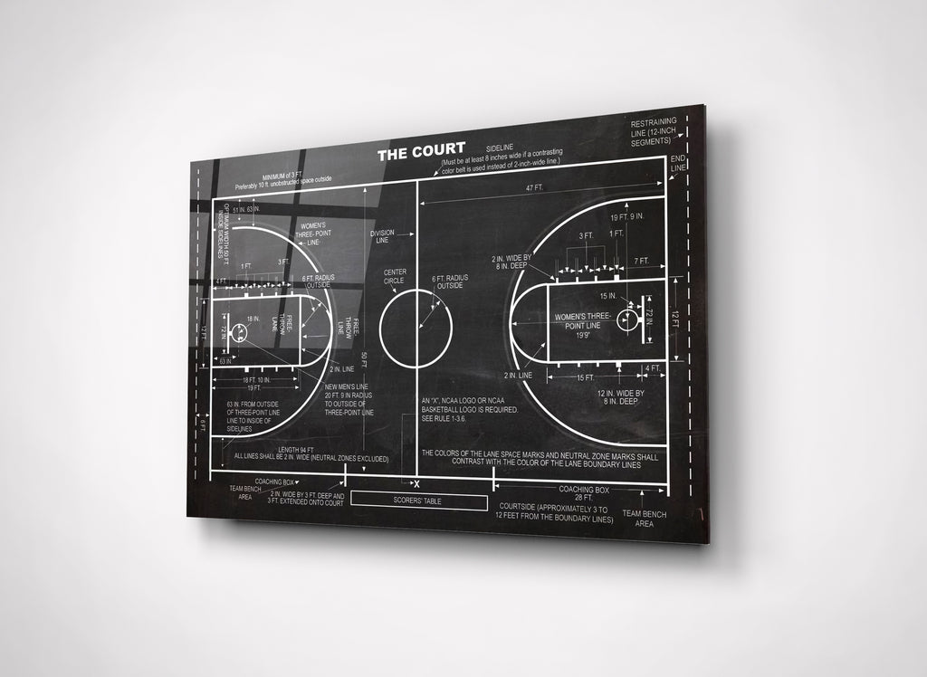 Basketball Court Blueprint Glass Wall Art close-up