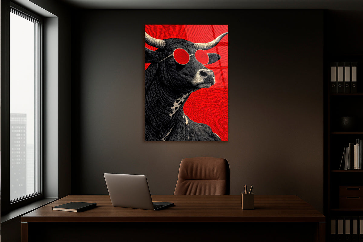 Cool Black Bull in Red Sunglasses Glass Wall Art in a living room interior