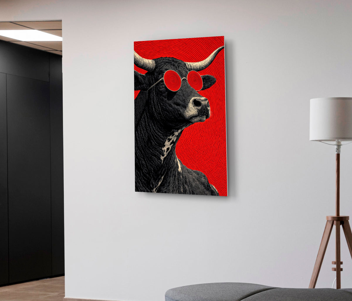 Cool Black Bull in Red Sunglasses Glass Wall Art in a modern interior
