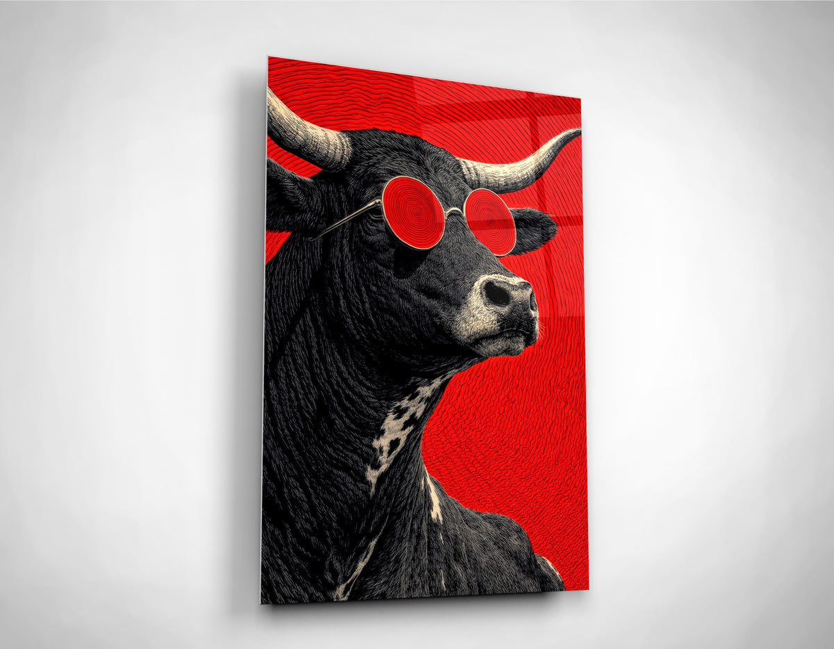 Cool Black Bull in Red Sunglasses Glass Wall Art close-up