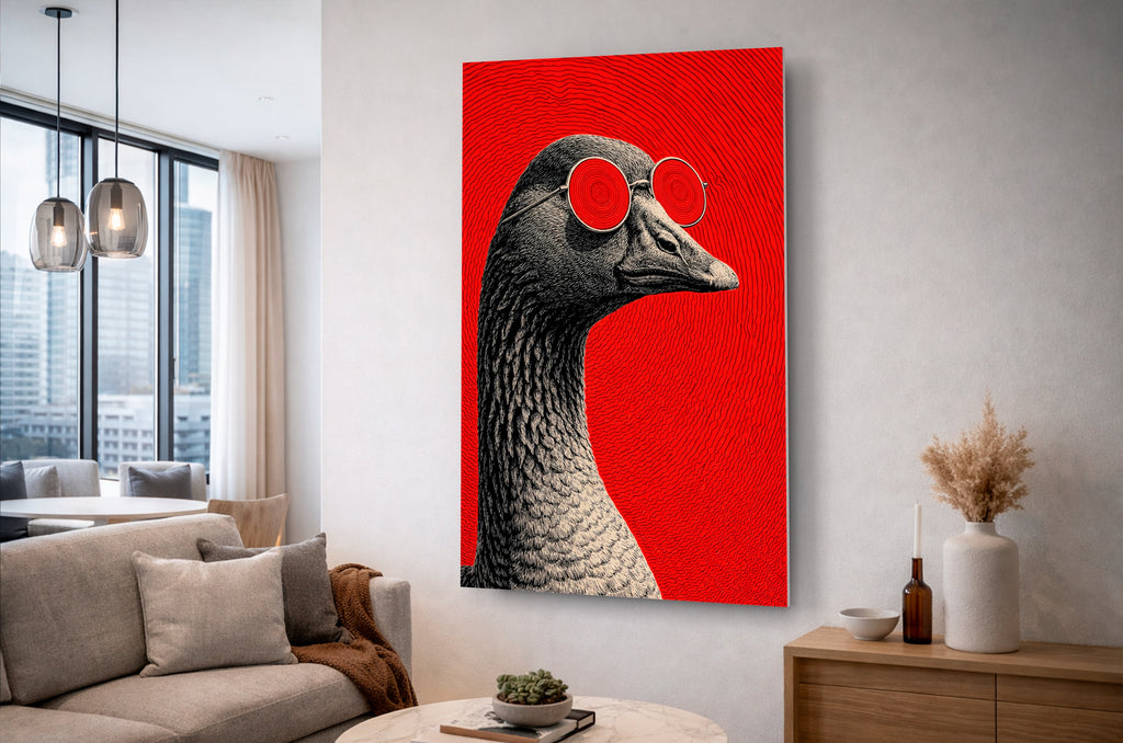 Goose in Red Sunglasses Pop Art Glass Wall Art in a living room interior
