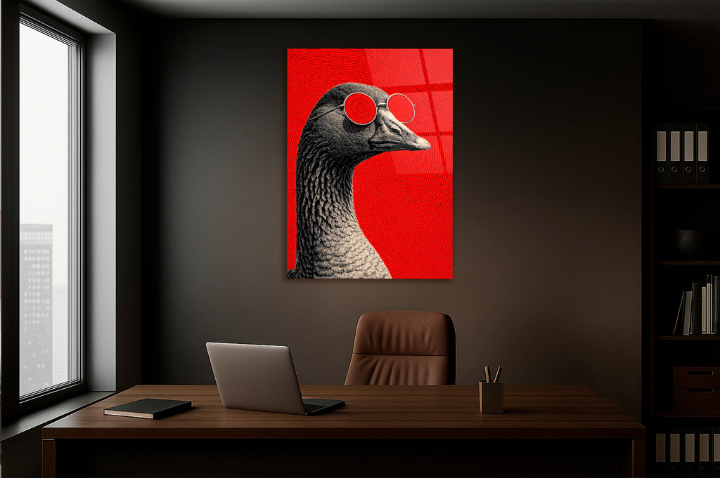 Goose in Red Sunglasses Pop Art Glass Wall Art in a modern interior