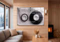 Life Has No Rewind Cassette Tape Glass Wall Art in a living room interior
