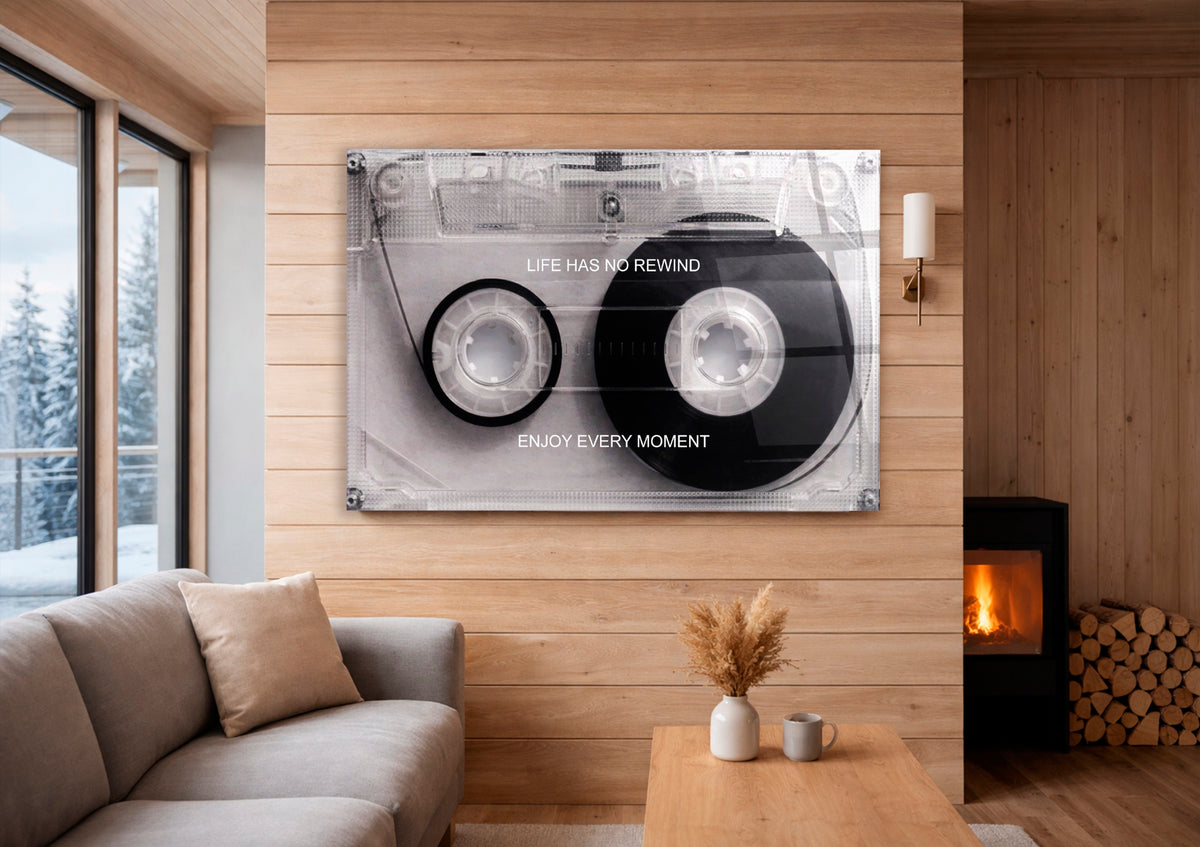 Life Has No Rewind Cassette Tape Glass Wall Art in a living room interior