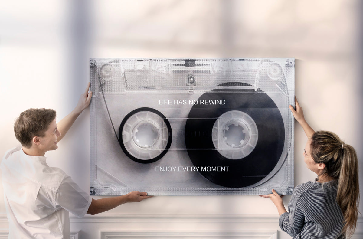 Life Has No Rewind Cassette Tape Glass Wall Art on the wall